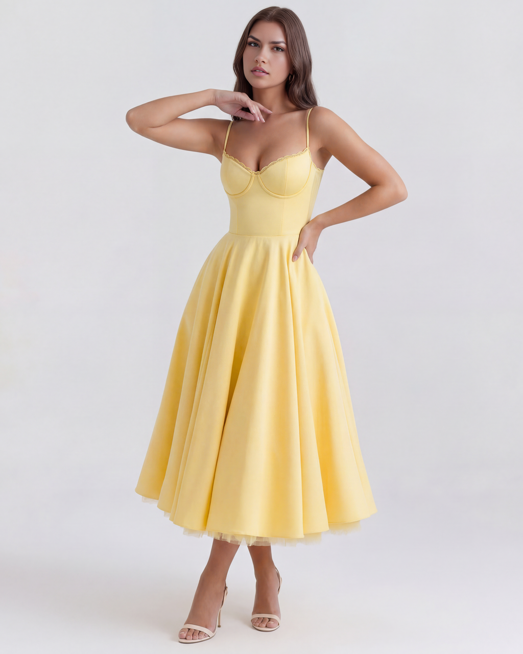 Buttergelbes Satin-Tüll-Midi-Kleid mit Korsett-Oberteil und Taschen – Frühlings-Hochzeitsgast-Kleid