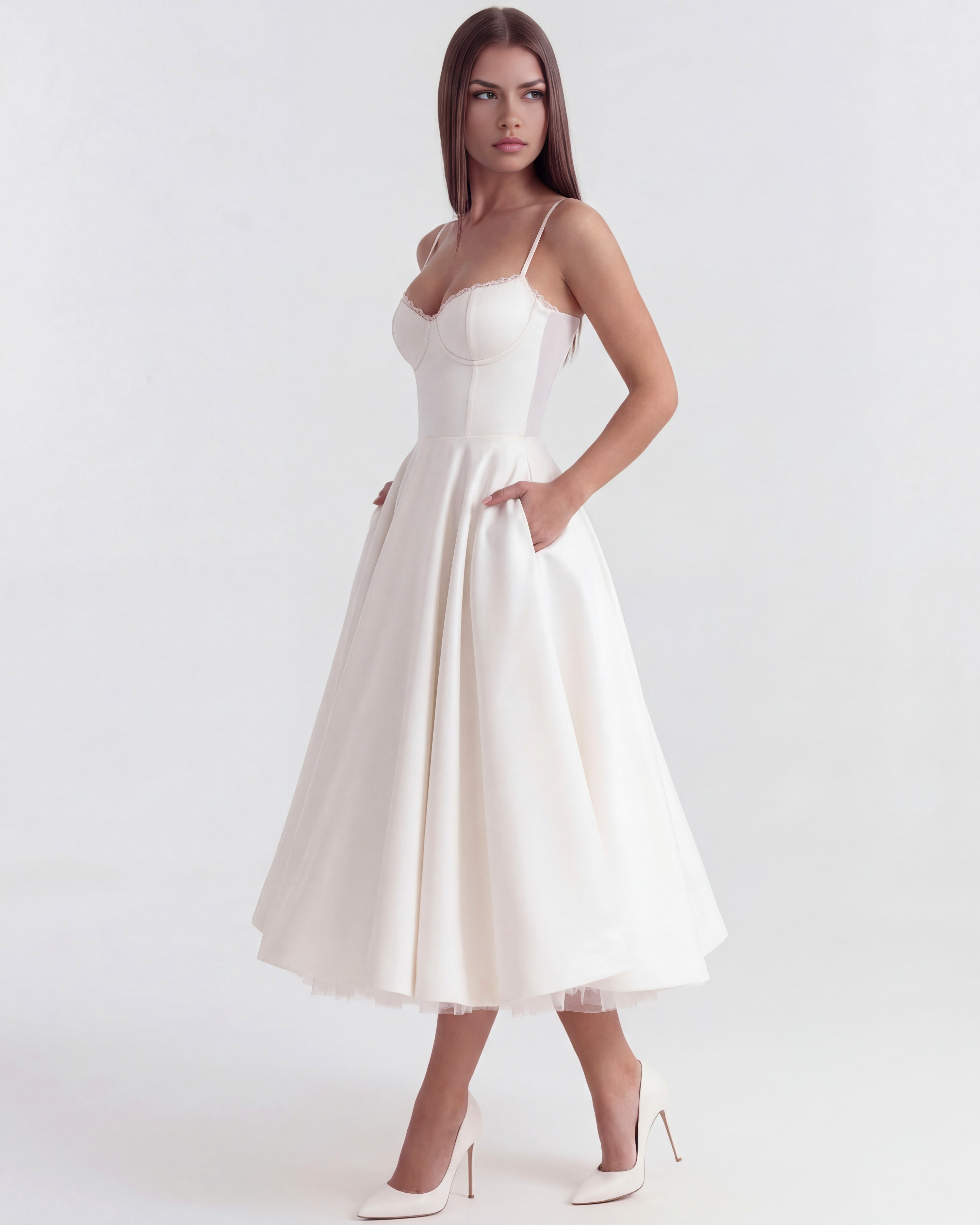 White Satin Tulle Boned Sweetheart Midi Dress with Pockets – Fairytale Wedding Guest Gown