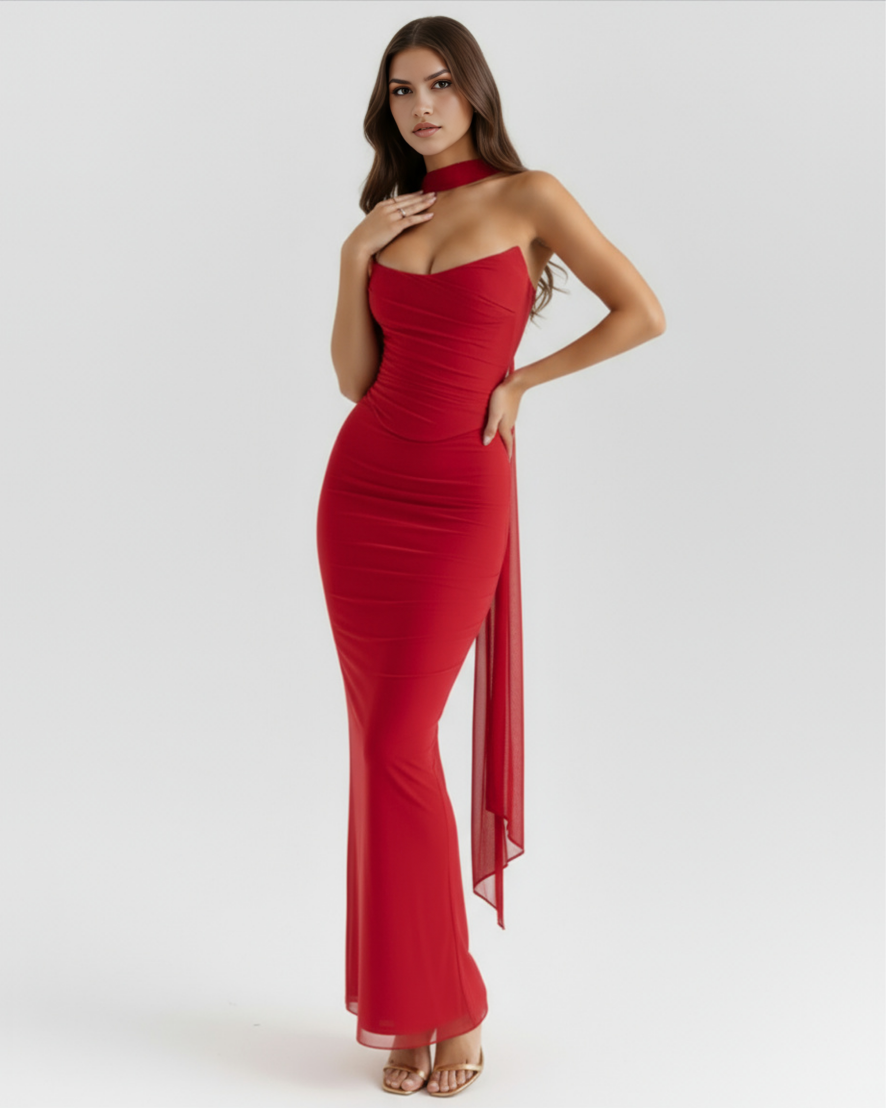 Mesh Corset Maxi Dress Set – 3-Piece Corset Skirt & Scarf Wedding Guest Evening Outfit