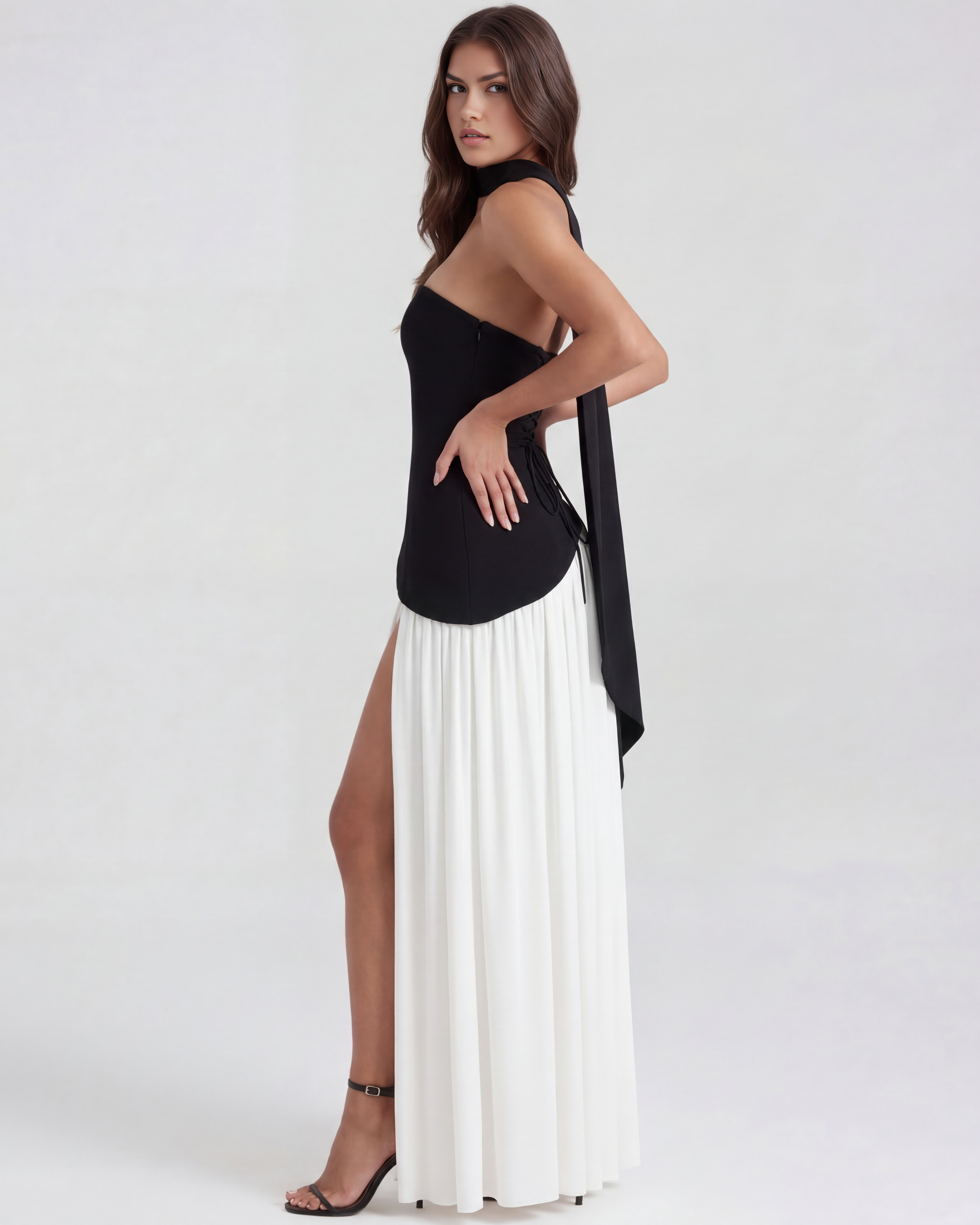 Black & White Strapless Chiffon Maxi Gown with Scarf – Black Tie Wedding Guest Dress