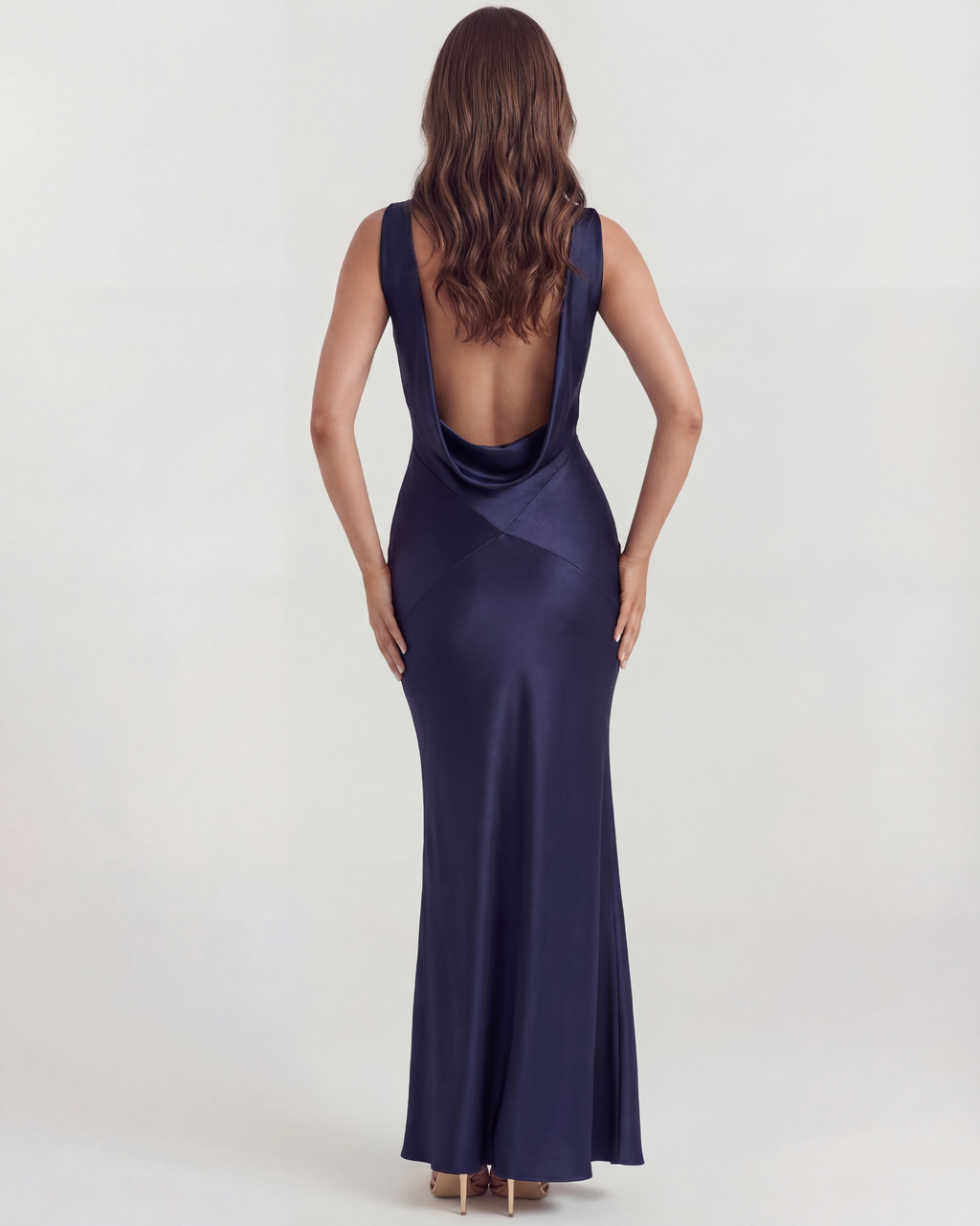 Deep Blue Satin Cowl Neck Open Back Maxi Gown – Black Tie Wedding Guest Dress