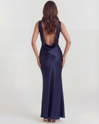 Deep Blue Satin Cowl Neck Open Back Maxi Gown – Black Tie Wedding Guest Dress