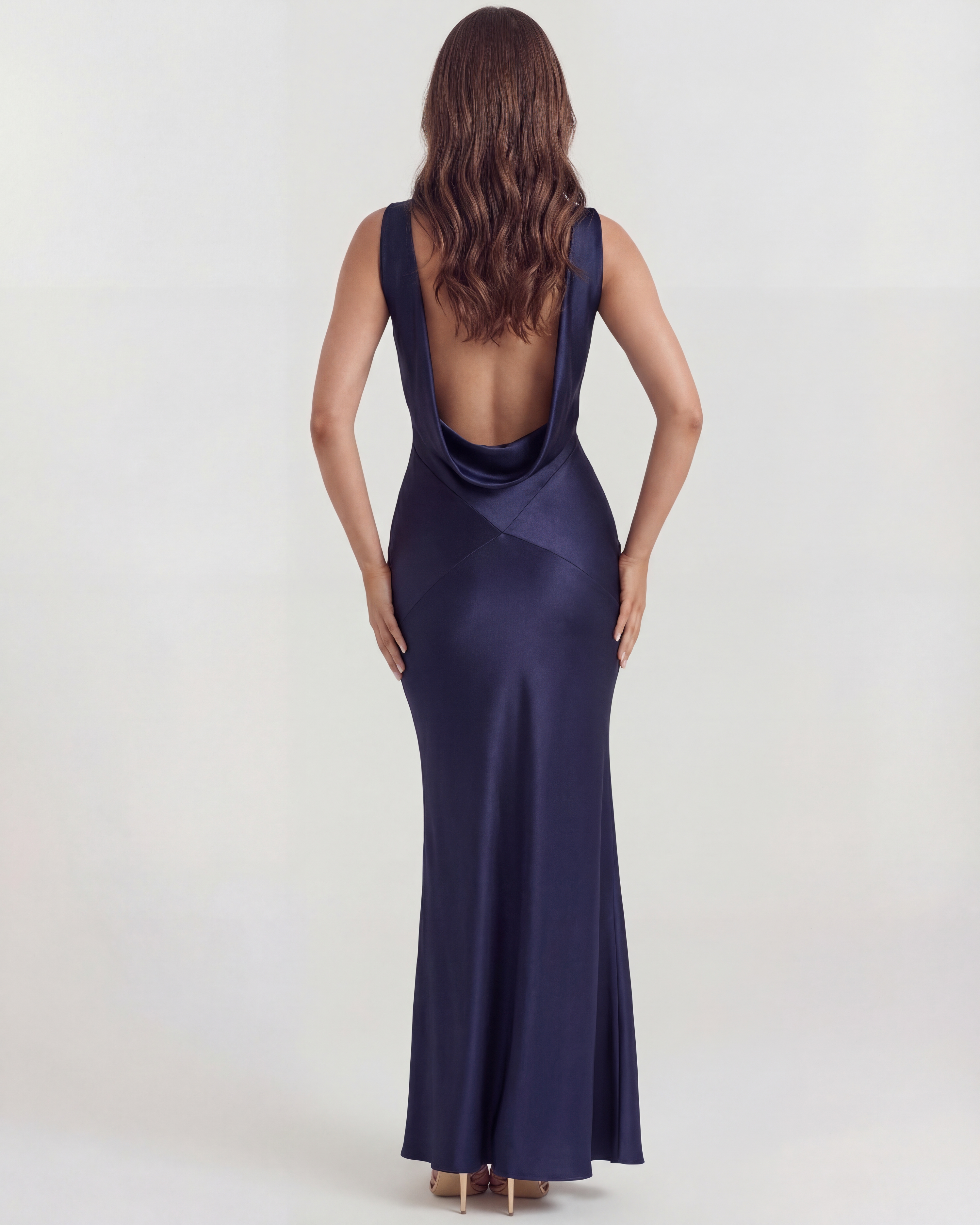 Deep Blue Satin Cowl Neck Open Back Maxi Gown – Black Tie Wedding Guest Dress