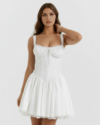 White Sweetheart Lace-Up Mini Dress – Feminine Wedding Guest Garden Party Outfit