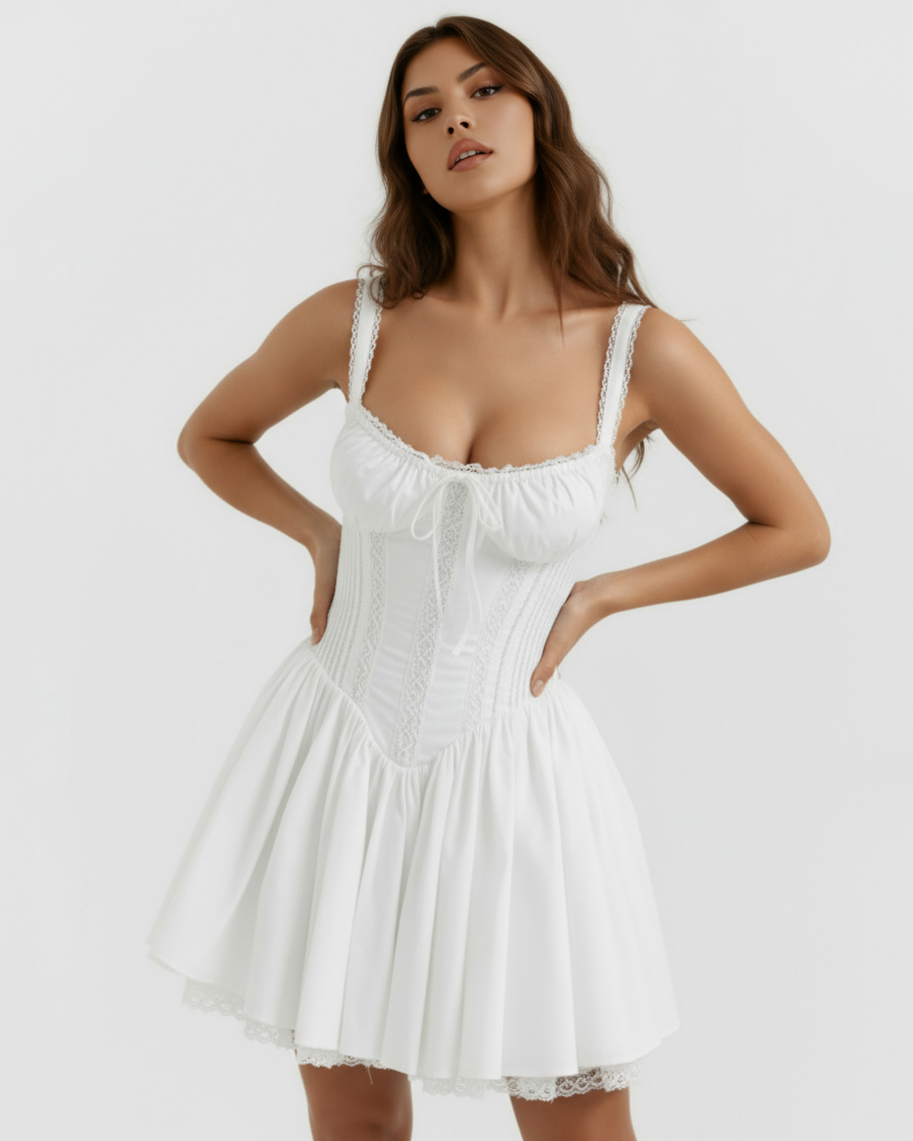 White Sweetheart Lace-Up Mini Dress – Feminine Wedding Guest Garden Party Outfit