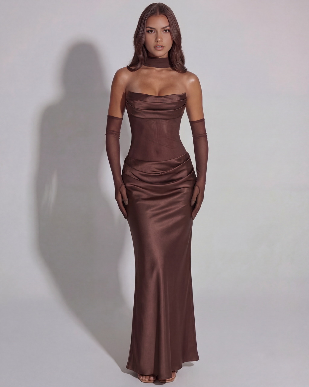 Brown Strapless Lace-Up Asymmetric Maxi Gown – Black Tie Wedding Guest Dress