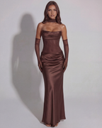 Brown Strapless Lace-Up Asymmetric Maxi Gown – Black Tie Wedding Guest Dress