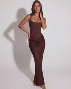 Deep Brown Satin Lace-Up Back Maxi Gown – Black Tie Wedding Guest Dress