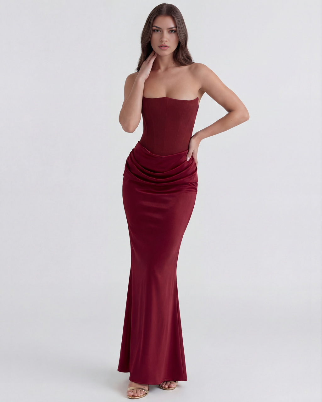 Boned Corset Crepe Maxi Dress – Cinched Waist Wedding Guest Formal Evening Gown