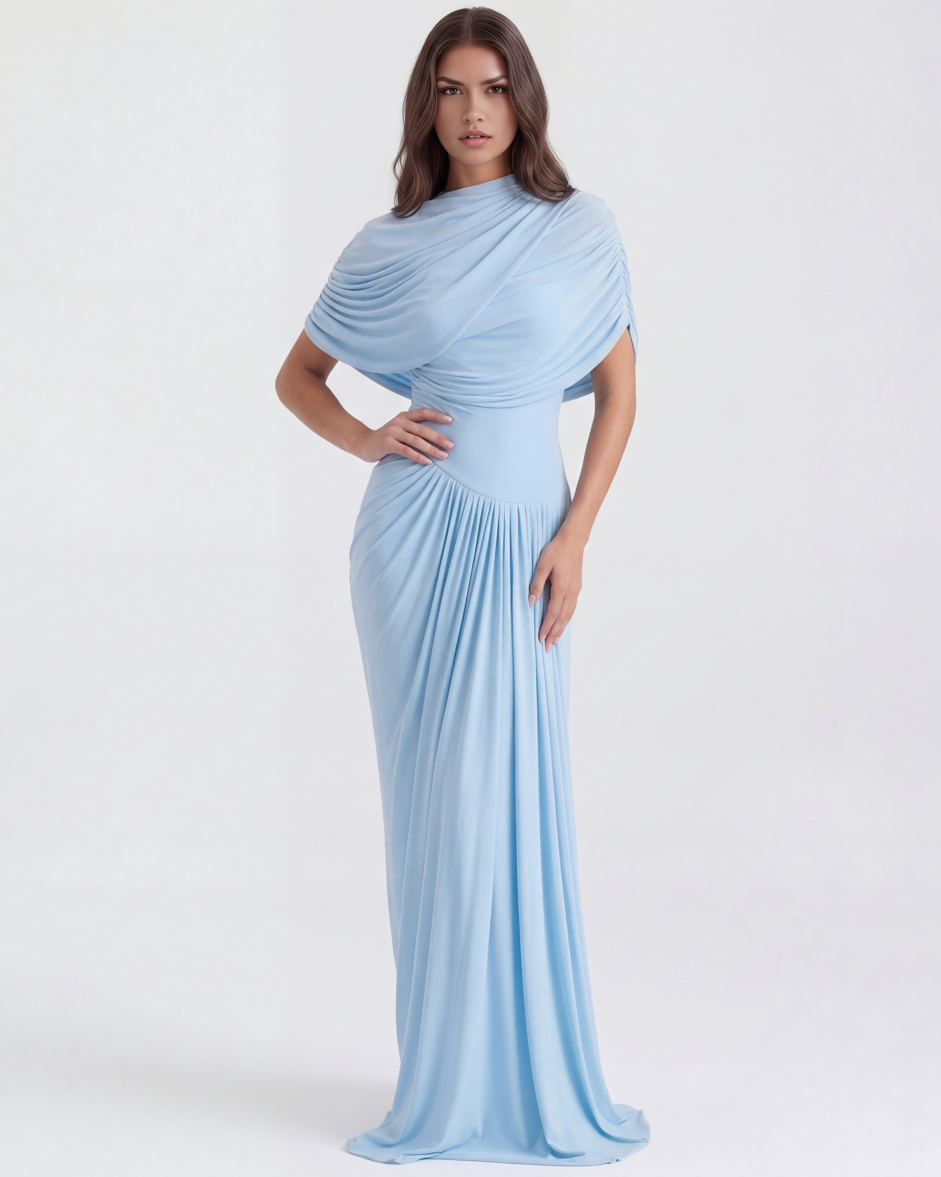 Babyblauw Gedrapeerde Sjaal Vloerlange Maxi Jurk – Elegante Bruiloftsgast Avondjurk