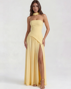 Buttergelbes trägerloses Chiffon-Maxikleid mit Schal – Festliches Frühlings-Hochzeitsgastkleid