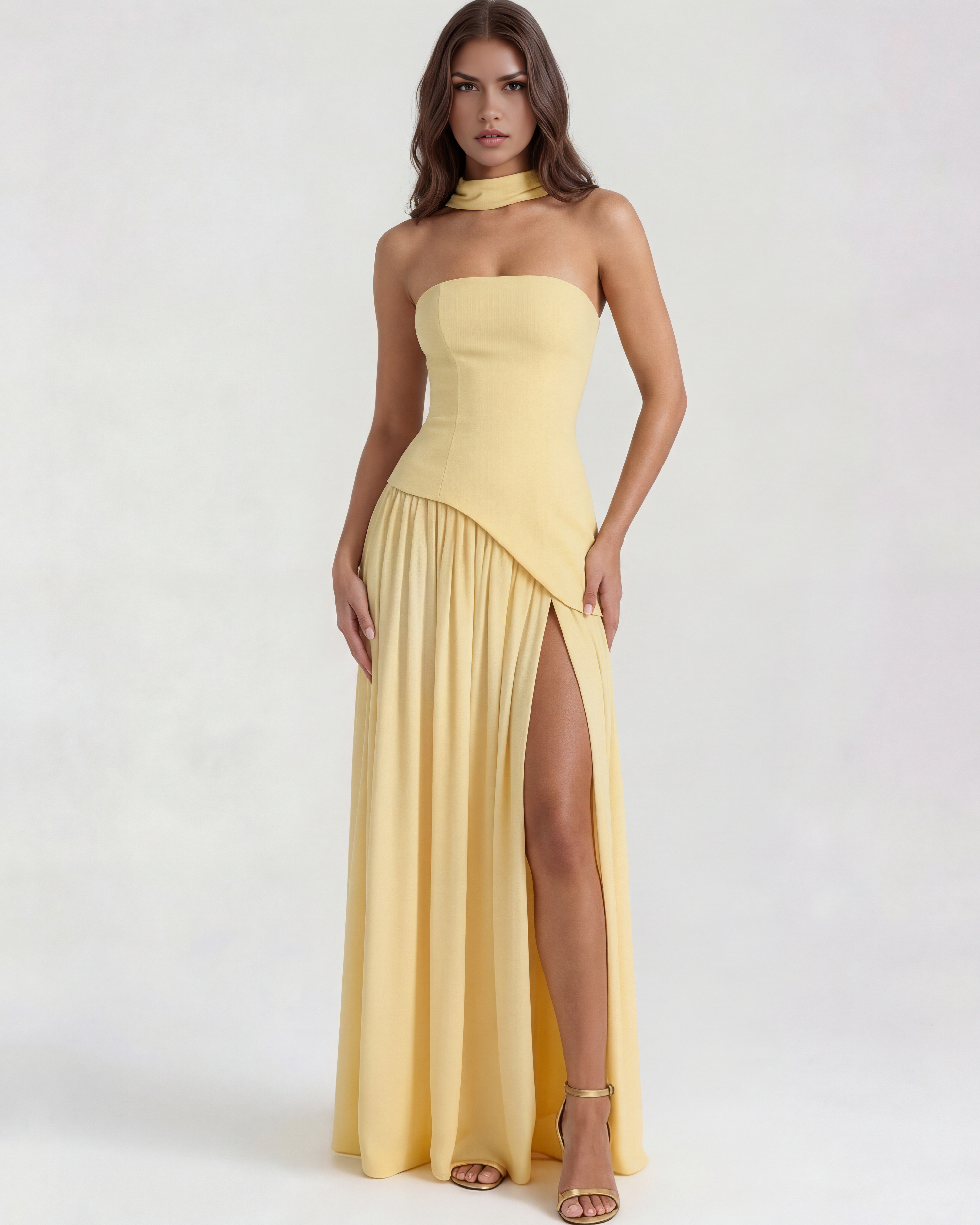 Butter Yellow Strapless Chiffon Maxi Gown with Scarf – Spring Wedding Guest Formal Dress