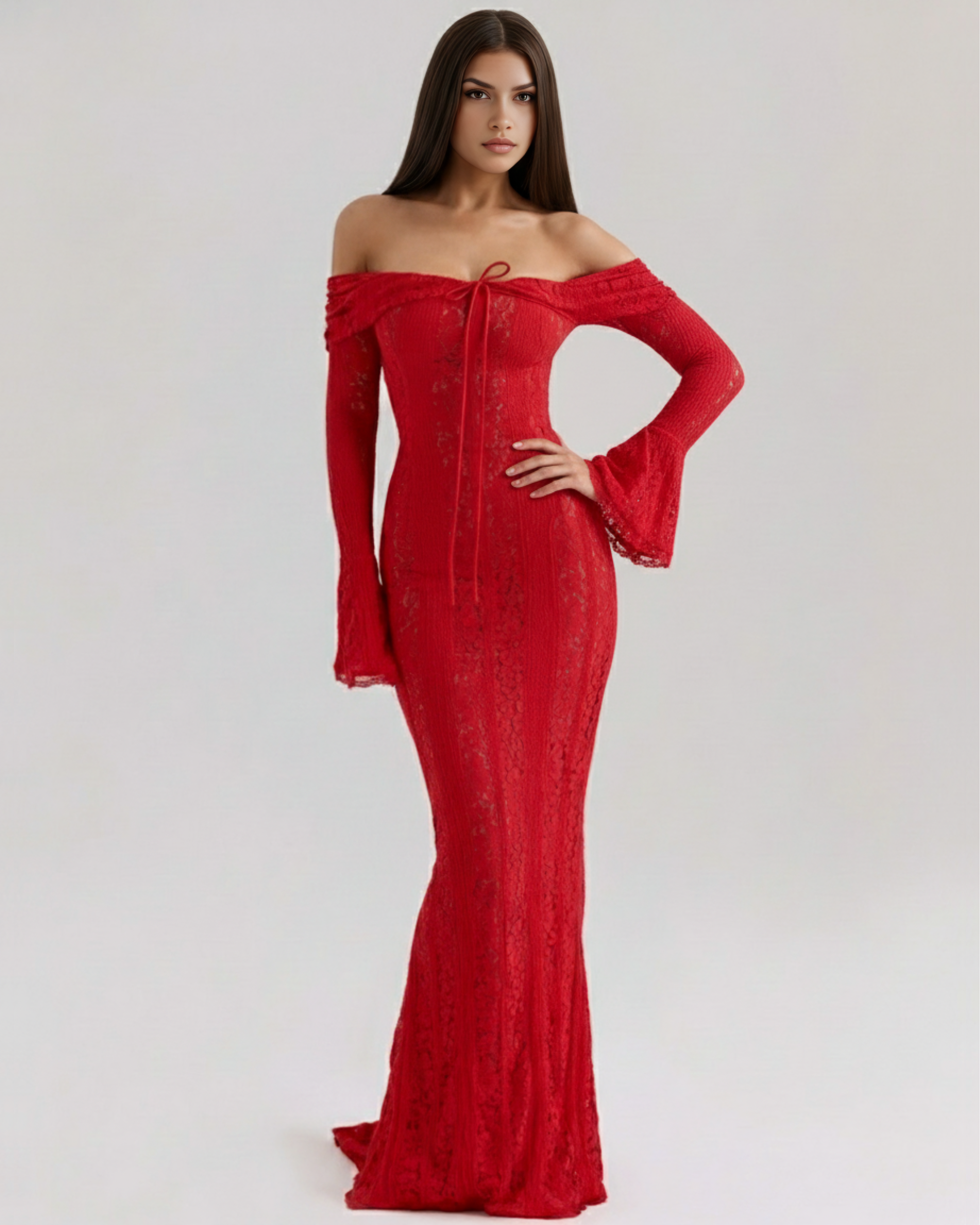 Floral Lace Off-Shoulder Maxi Dress – Boned Bodice Godet Skirt Formal Evening Gown