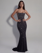 Rhinestone Gradient Mesh Fit-and-Flare Maxi Gown with Train – Black Tie Wedding Guest Dress