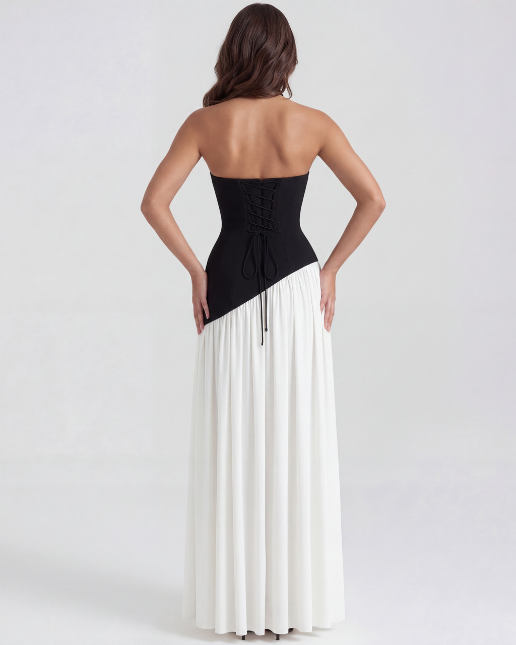 Black & White Strapless Chiffon Maxi Gown with Scarf – Black Tie Wedding Guest Dress