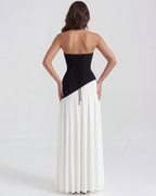 Black & White Strapless Chiffon Maxi Gown with Scarf – Black Tie Wedding Guest Dress