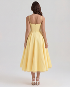 Buttergelbes Satin-Tüll-Midi-Kleid mit Korsett-Oberteil und Taschen – Frühlings-Hochzeitsgast-Kleid
