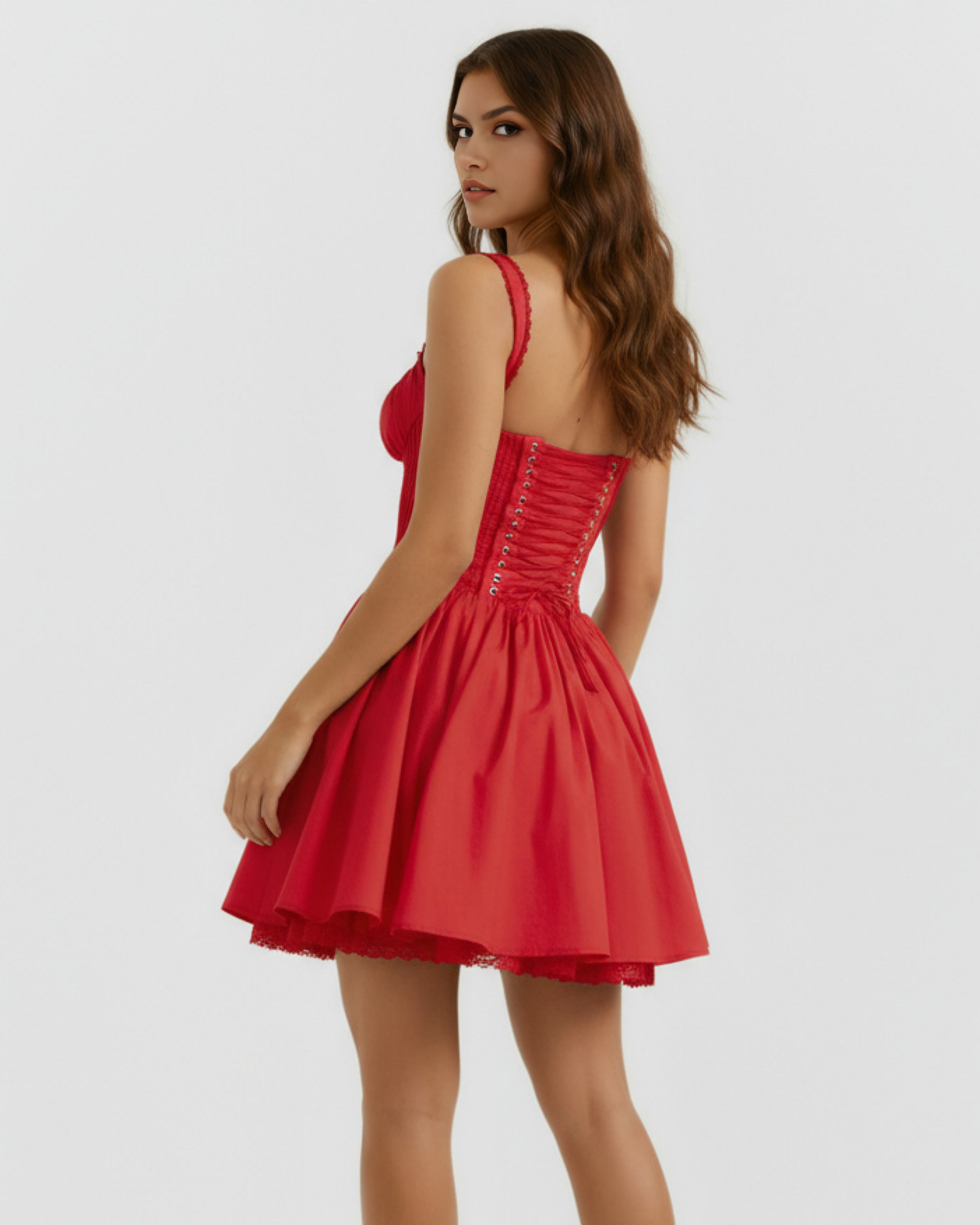 Red Sweetheart Lace-Up Mini Dress – Feminine Wedding Guest Party Outfit