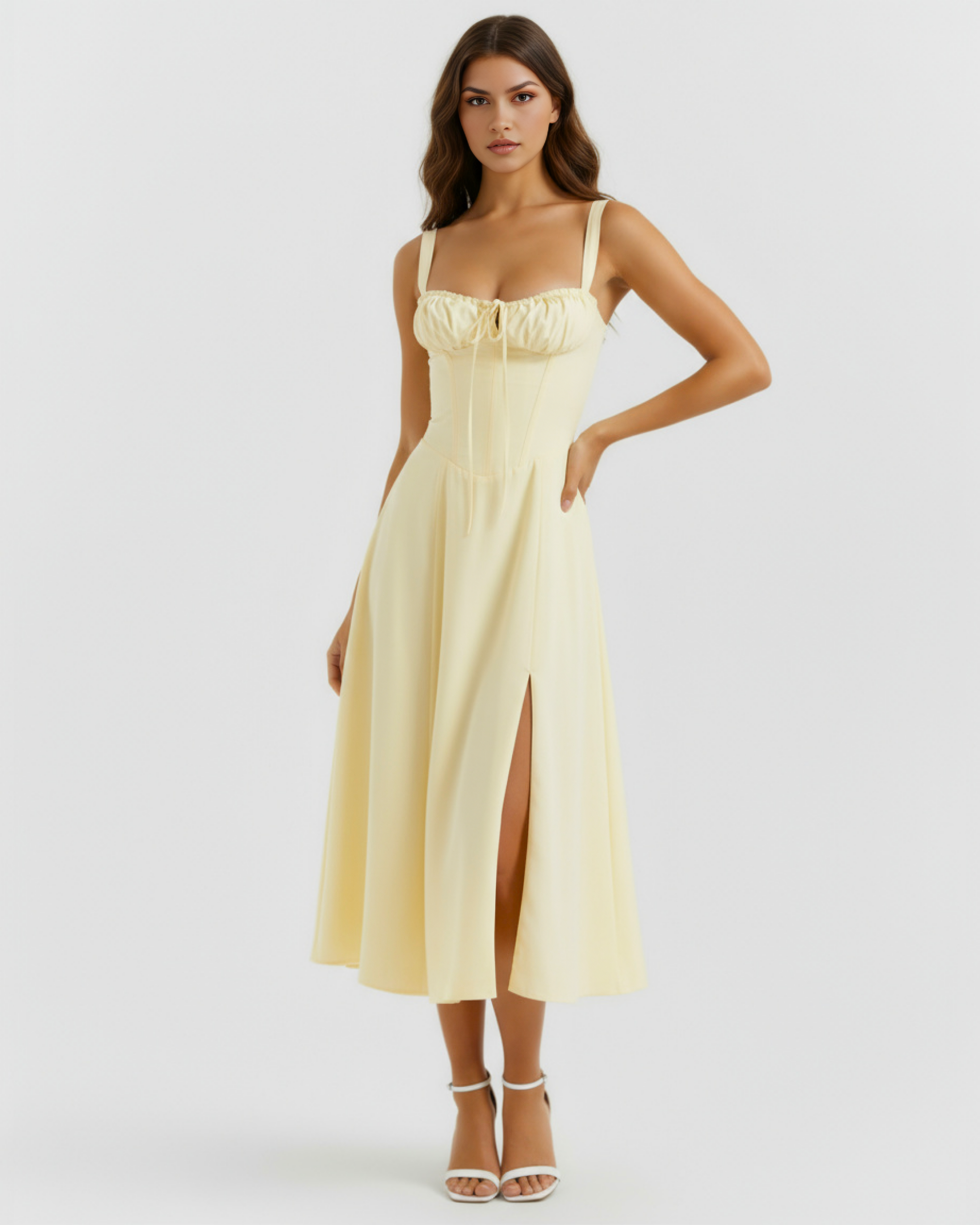 Buttercup Yellow Corseted Lace-Up Maxi Dress – Wedding Guest Garden Party Gown