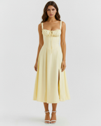 Butterblumen-gelbes, korsettiertes Maxikleid zum Schnüren – Hochzeitsgast Gartenparty-Kleid