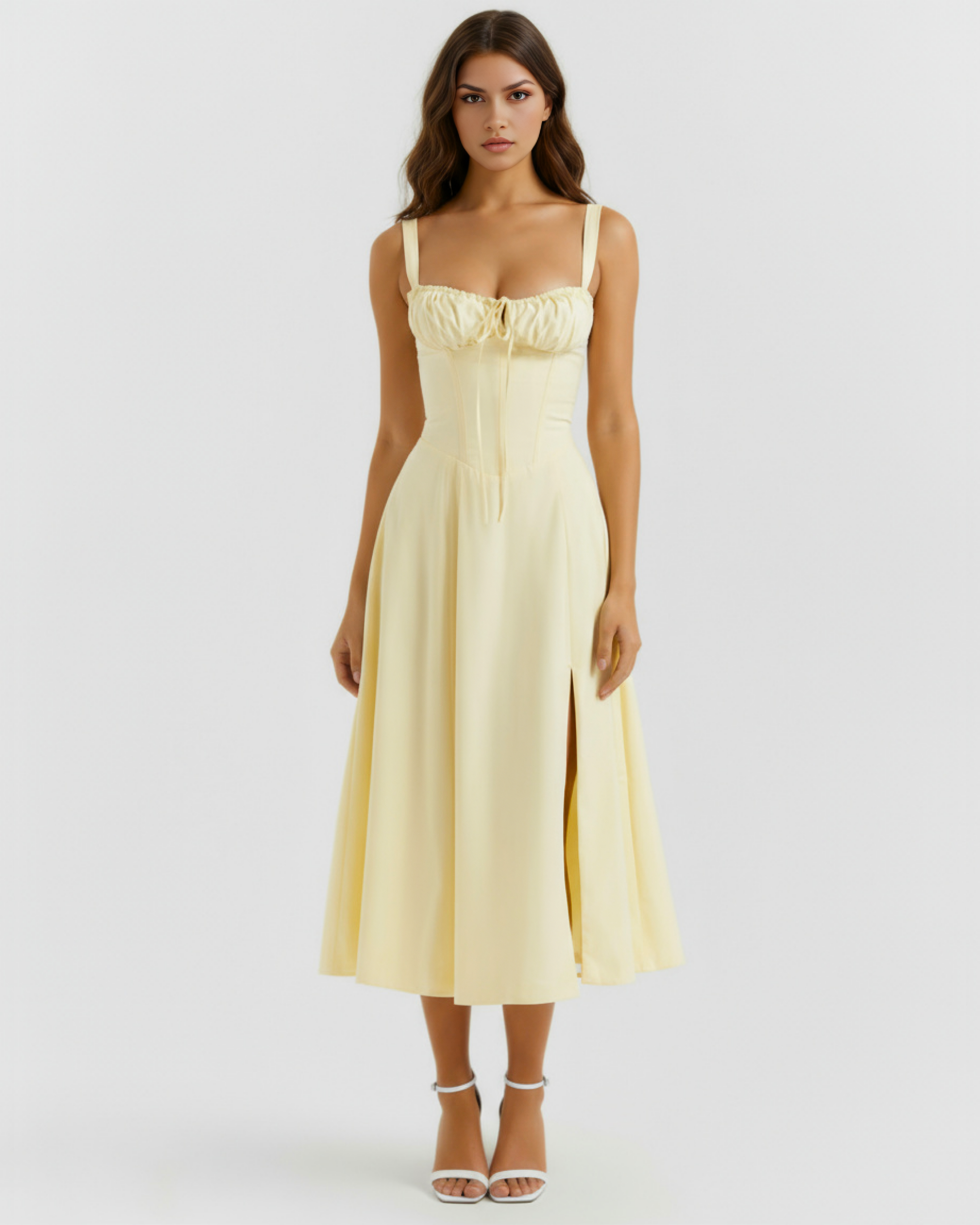 Buttercup Yellow Corseted Lace-Up Maxi Dress – Wedding Guest Garden Party Gown