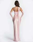 Baby Roze Satijn Geplooide Corset Maxi Jurk – Romantische Bruiloftsgast Galajurk
