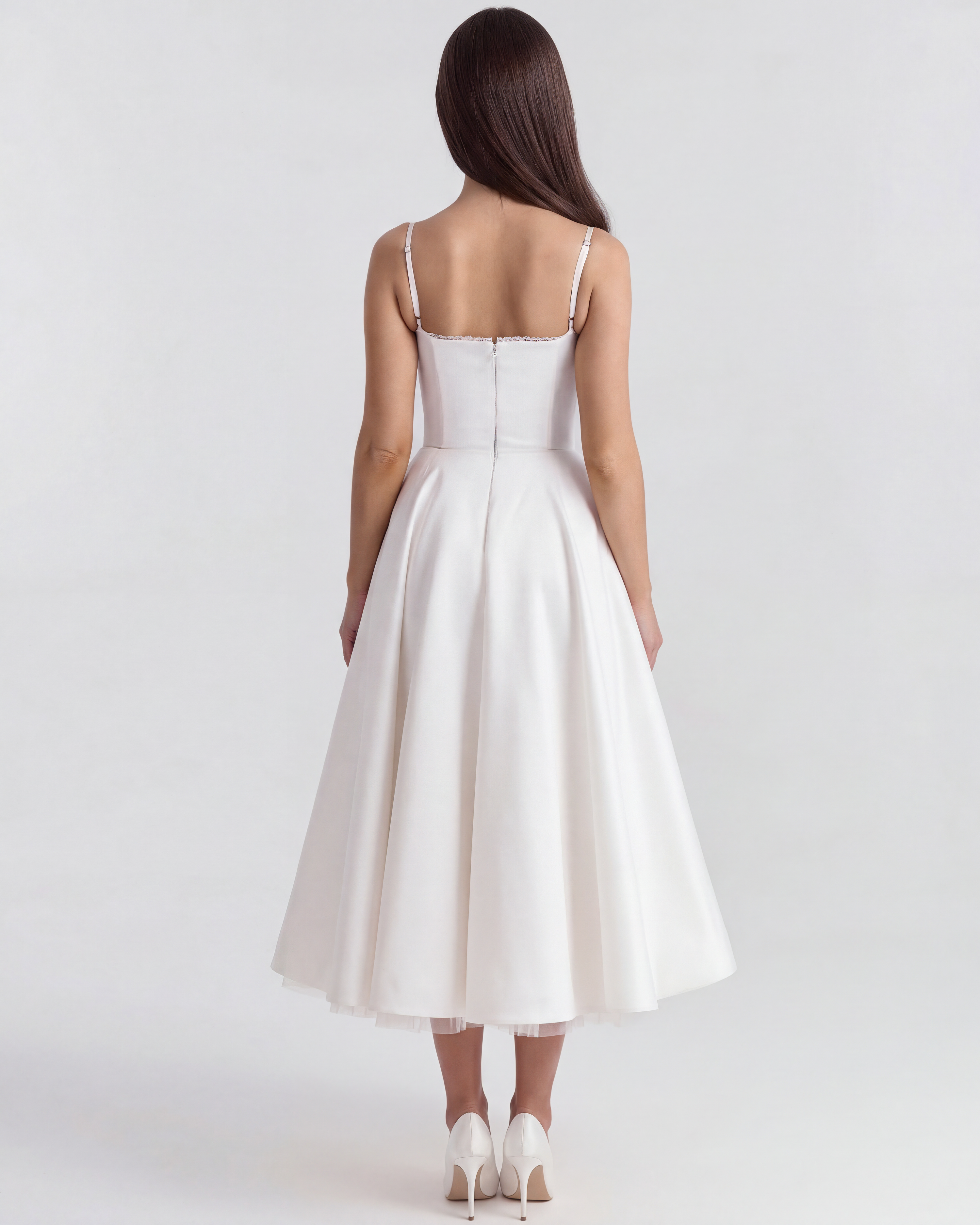 White Satin Tulle Boned Sweetheart Midi Dress with Pockets – Fairytale Wedding Guest Gown