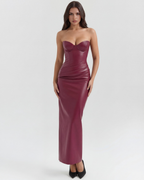 Vegan Leather Strapless Midi Dress – Lace-Up Back Body-Hugging Formal Gown Women