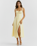 Butterblumen-gelbes, korsettiertes Maxikleid zum Schnüren – Hochzeitsgast Gartenparty-Kleid