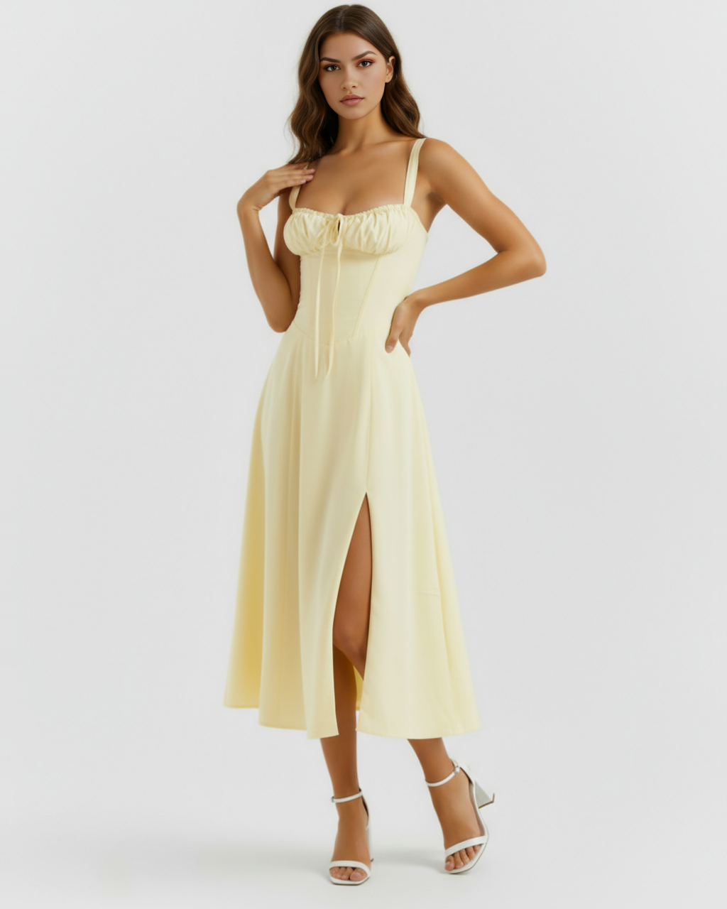 Butterblumen-gelbes, korsettiertes Maxikleid zum Schnüren – Hochzeitsgast Gartenparty-Kleid