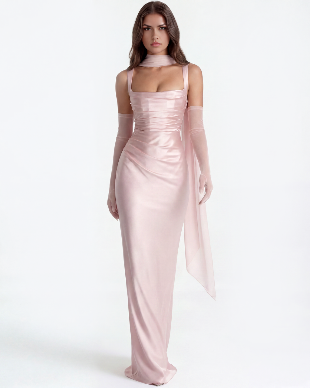 Baby Roze Satijn Geplooide Corset Maxi Jurk – Romantische Bruiloftsgast Galajurk