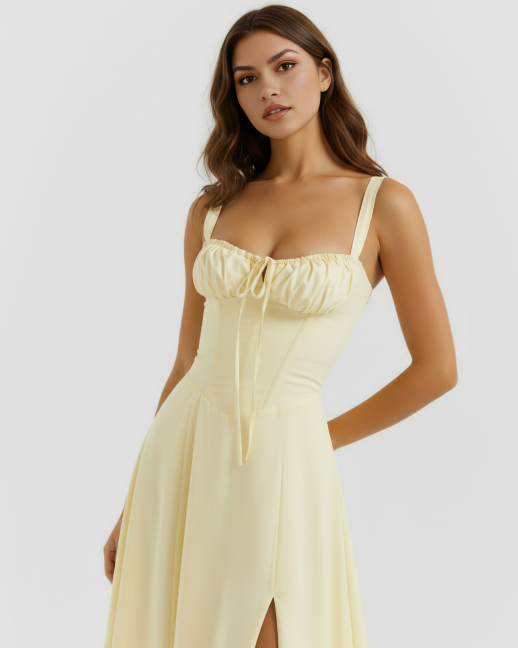 Butterblumen-gelbes, korsettiertes Maxikleid zum Schnüren – Hochzeitsgast Gartenparty-Kleid