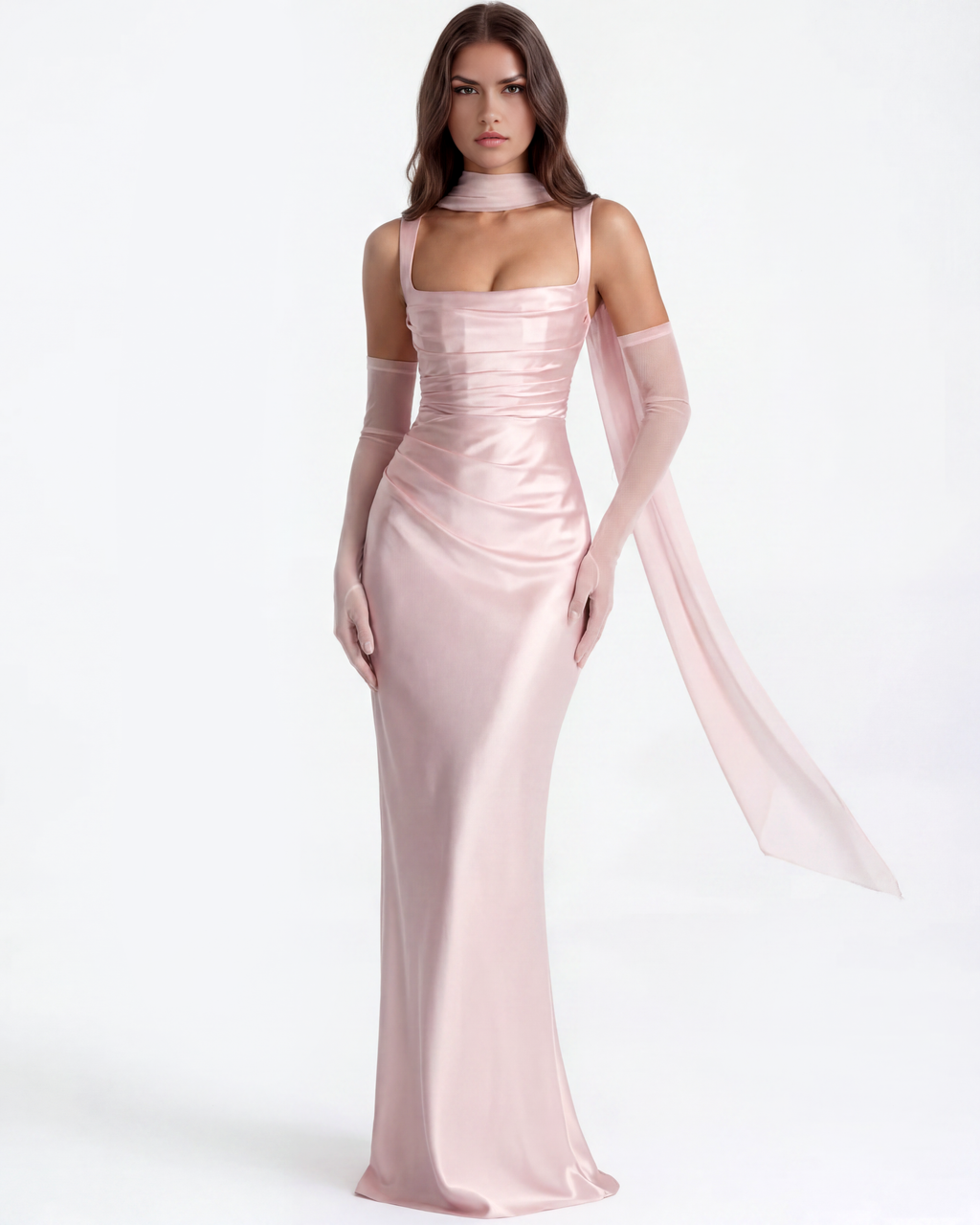 Baby Roze Satijn Geplooide Corset Maxi Jurk – Romantische Bruiloftsgast Galajurk