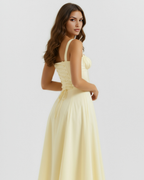 Butterblumen-gelbes, korsettiertes Maxikleid zum Schnüren – Hochzeitsgast Gartenparty-Kleid