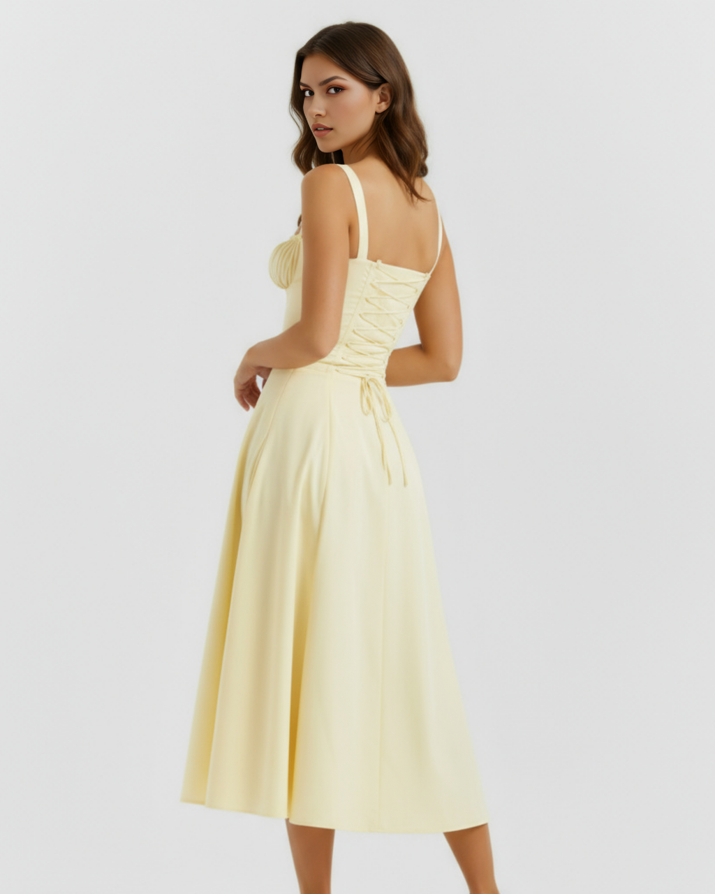 Butterblumen-gelbes, korsettiertes Maxikleid zum Schnüren – Hochzeitsgast Gartenparty-Kleid