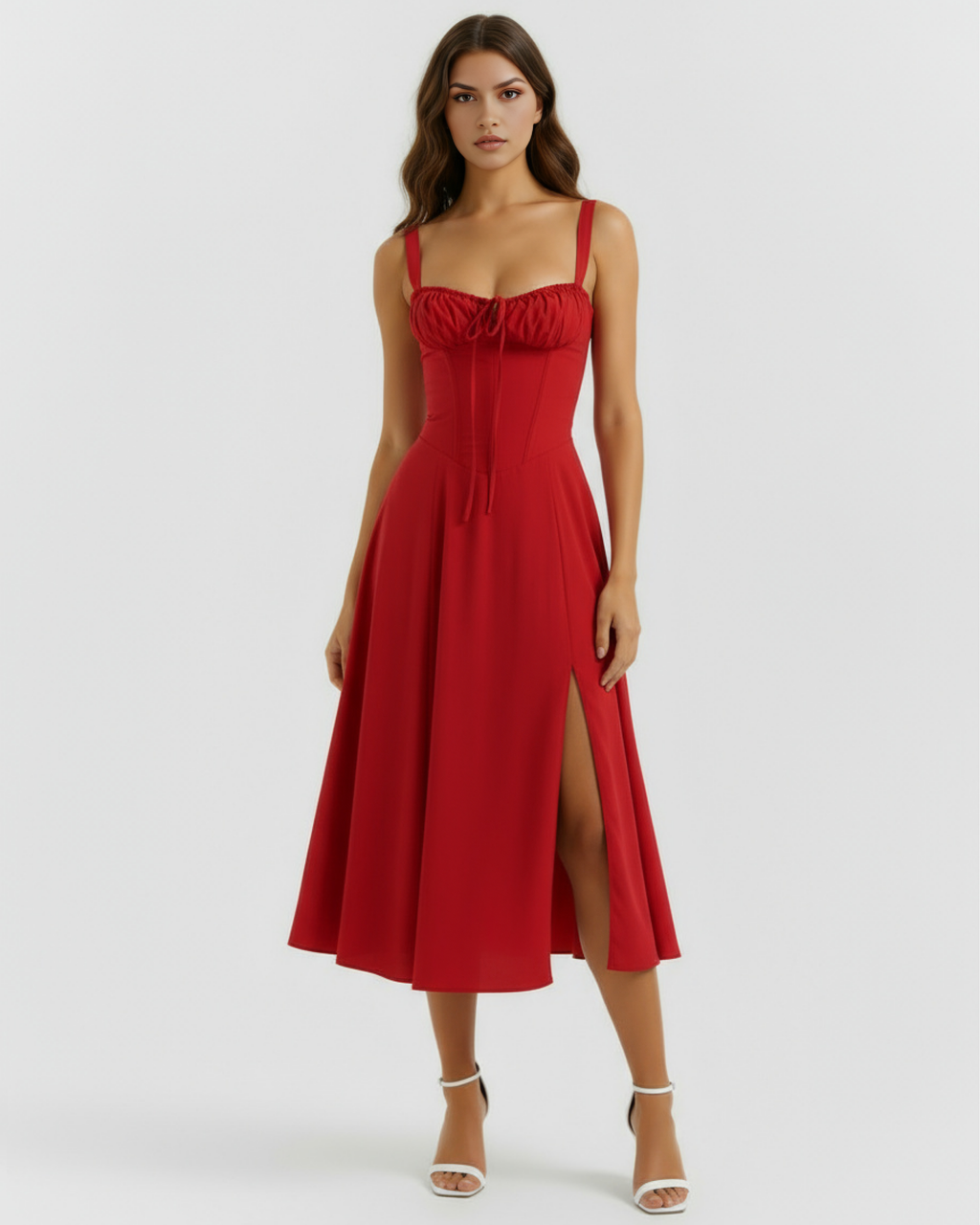 Red Corseted Lace-Up Maxi Dress – Wedding Guest Garden Party Gown