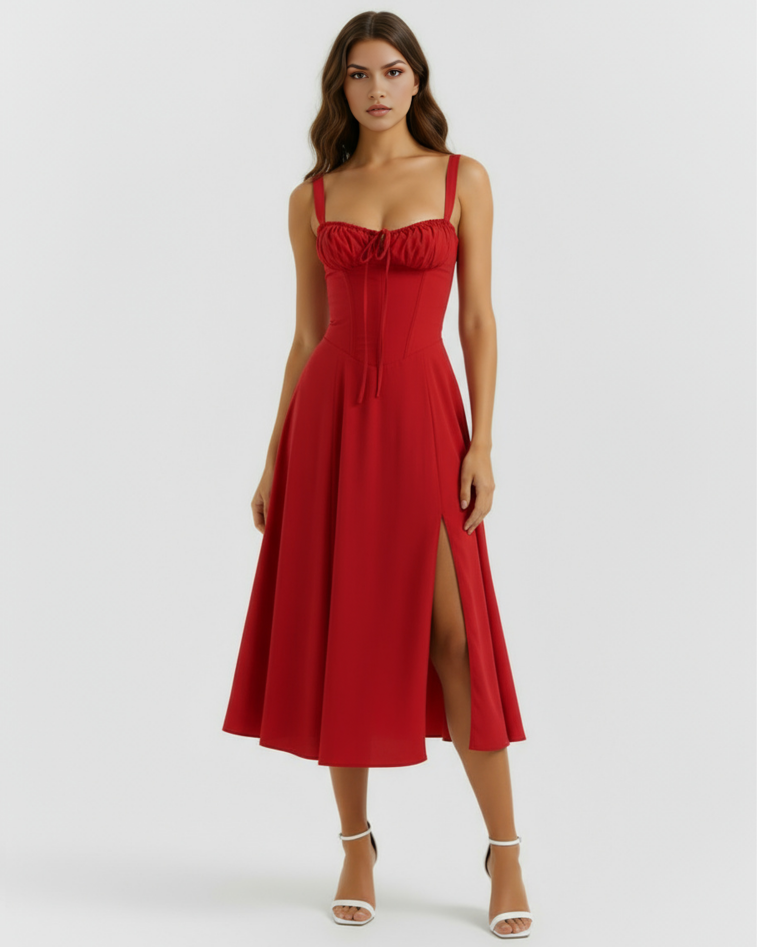 Red Corseted Lace-Up Maxi Dress – Wedding Guest Garden Party Gown