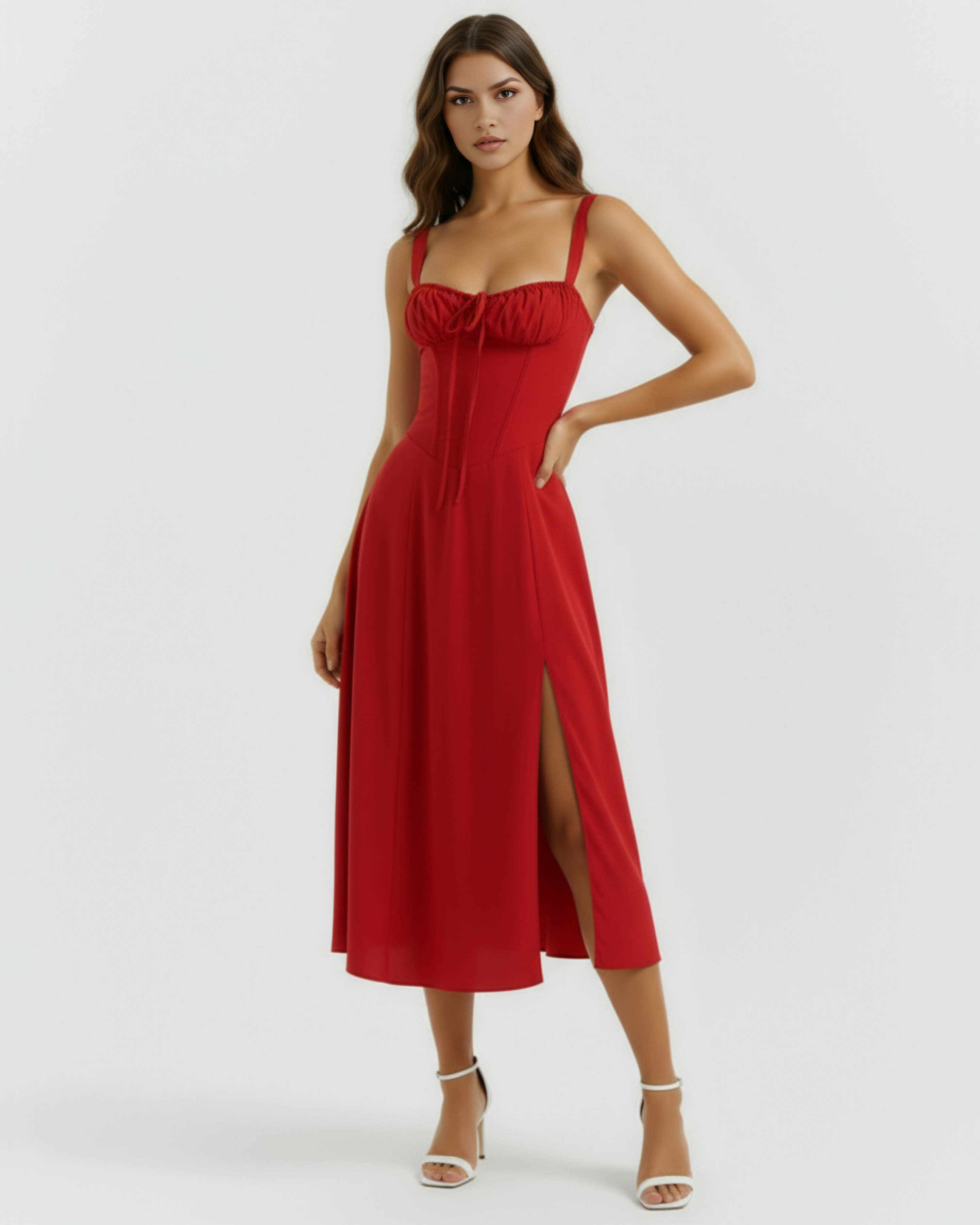 Red Corseted Lace-Up Maxi Dress – Wedding Guest Garden Party Gown
