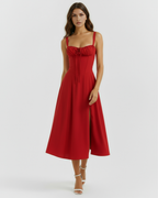 Red Corseted Lace-Up Maxi Dress – Wedding Guest Garden Party Gown