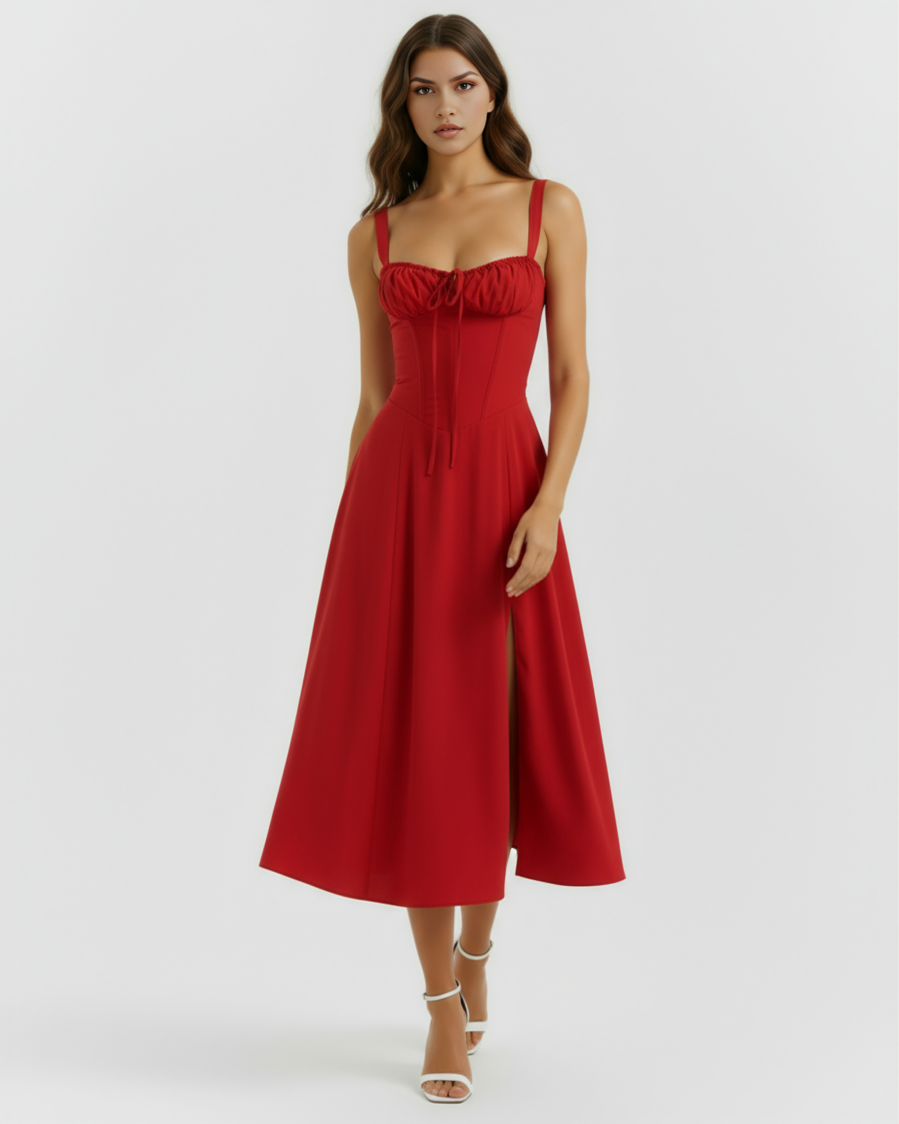 Red Corseted Lace-Up Maxi Dress – Wedding Guest Garden Party Gown