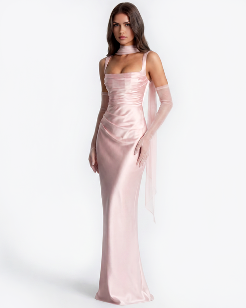 Baby Roze Satijn Geplooide Corset Maxi Jurk – Romantische Bruiloftsgast Galajurk