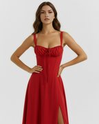 Red Corseted Lace-Up Maxi Dress – Wedding Guest Garden Party Gown