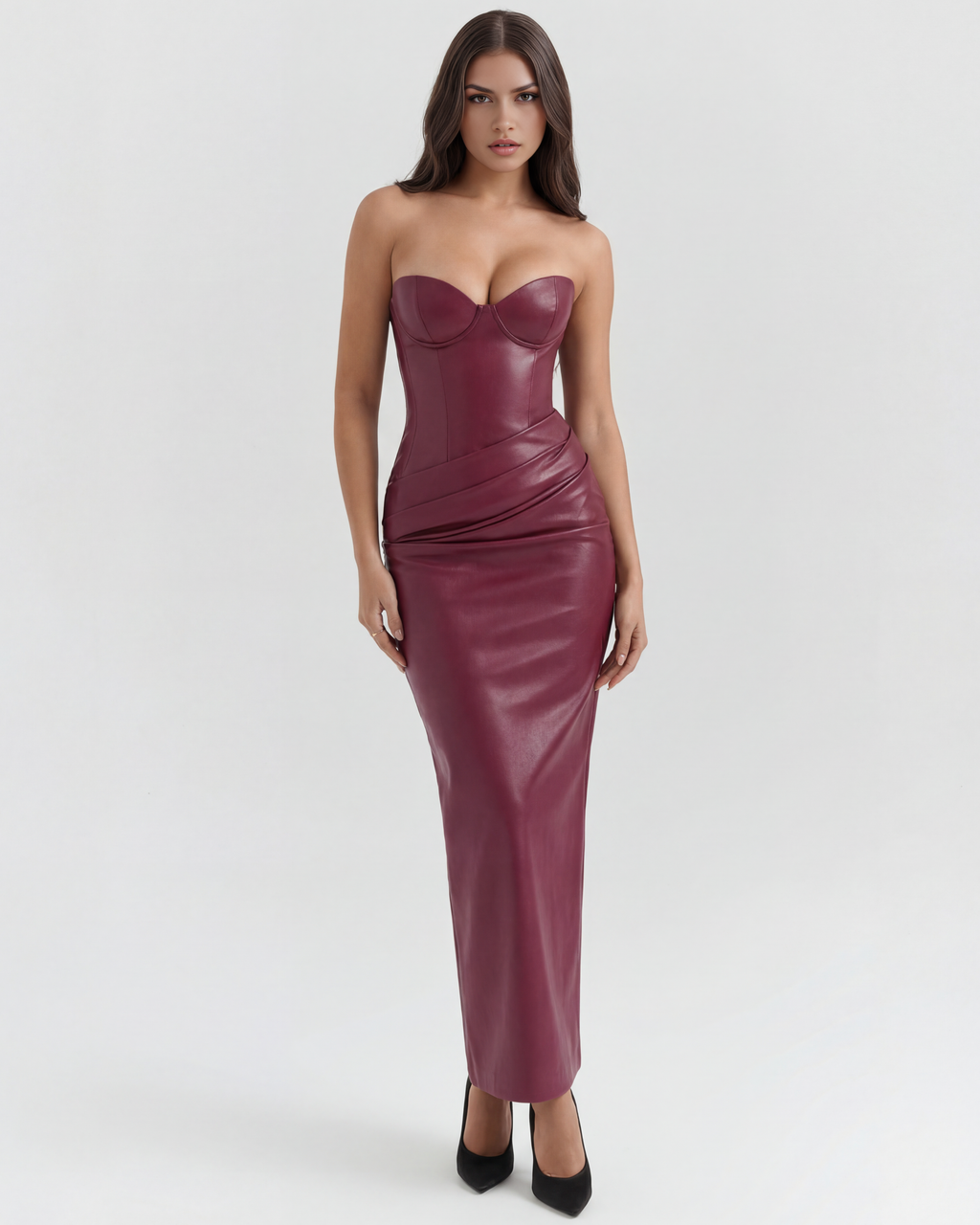 Vegan Leather Strapless Midi Dress – Lace-Up Back Body-Hugging Formal Gown Women