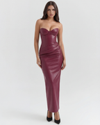 Vegan Leather Strapless Midi Dress – Lace-Up Back Body-Hugging Formal Gown Women