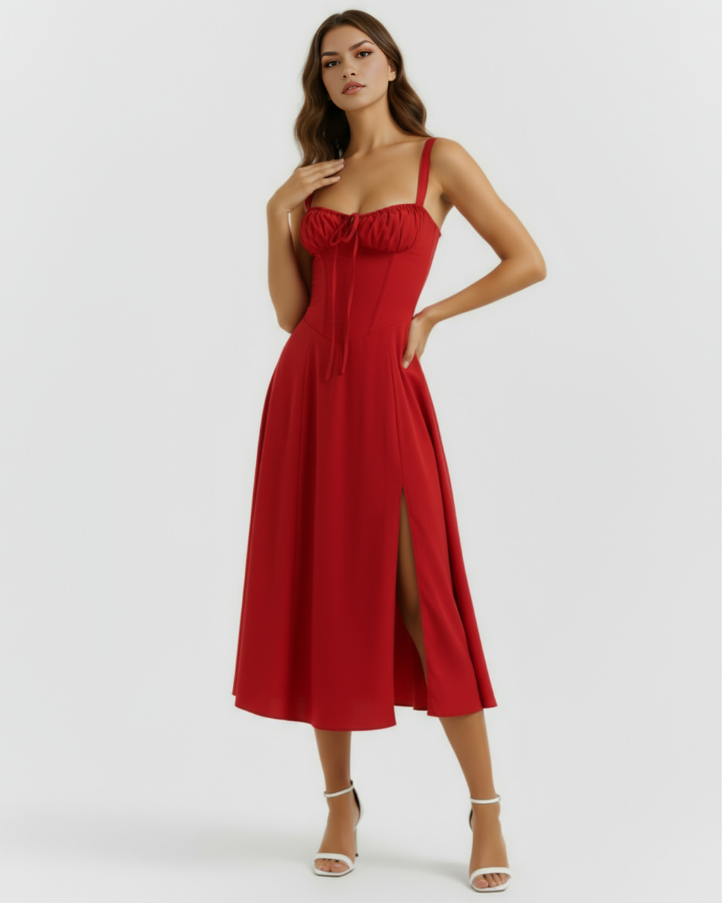 Red Corseted Lace-Up Maxi Dress – Wedding Guest Garden Party Gown