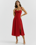 Red Corseted Lace-Up Maxi Dress – Wedding Guest Garden Party Gown