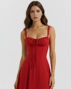 Red Corseted Lace-Up Maxi Dress – Wedding Guest Garden Party Gown