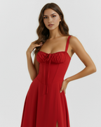 Red Corseted Lace-Up Maxi Dress – Wedding Guest Garden Party Gown