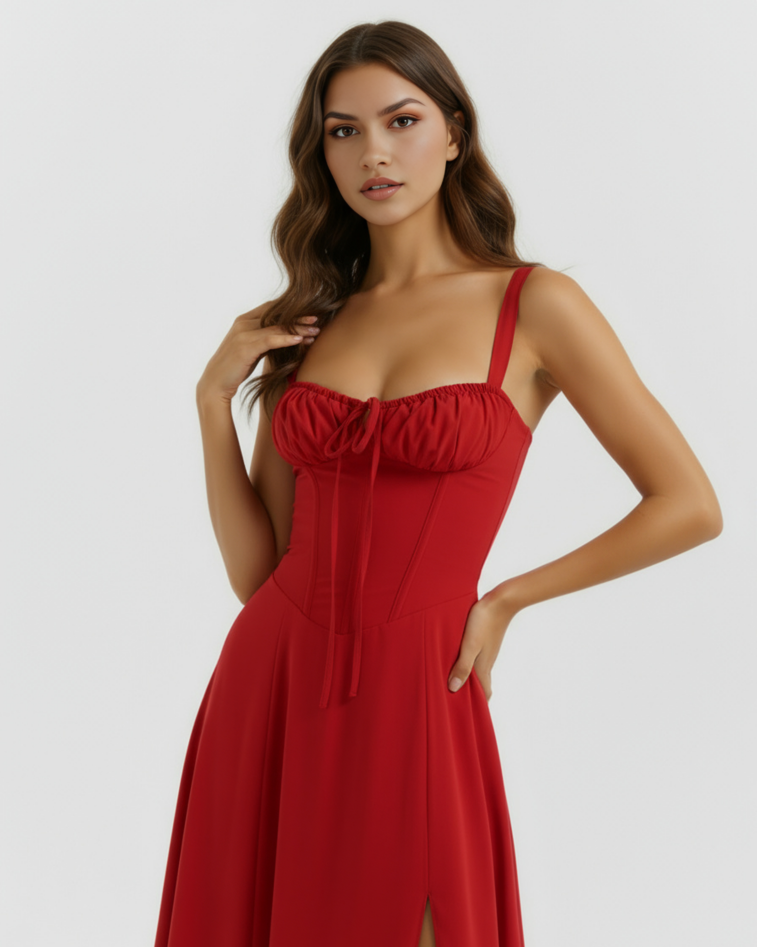 Red Corseted Lace-Up Maxi Dress – Wedding Guest Garden Party Gown
