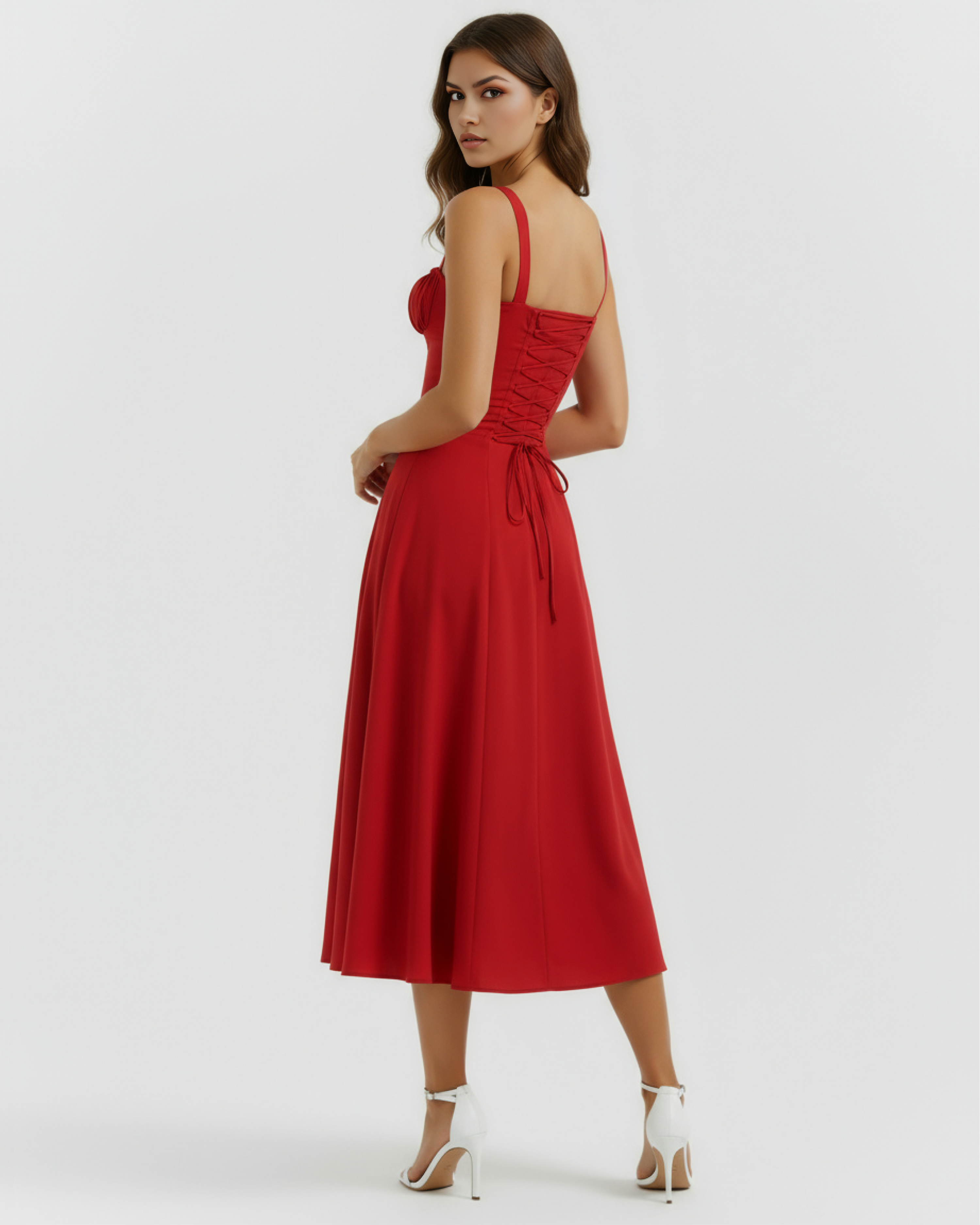 Red Corseted Lace-Up Maxi Dress – Wedding Guest Garden Party Gown